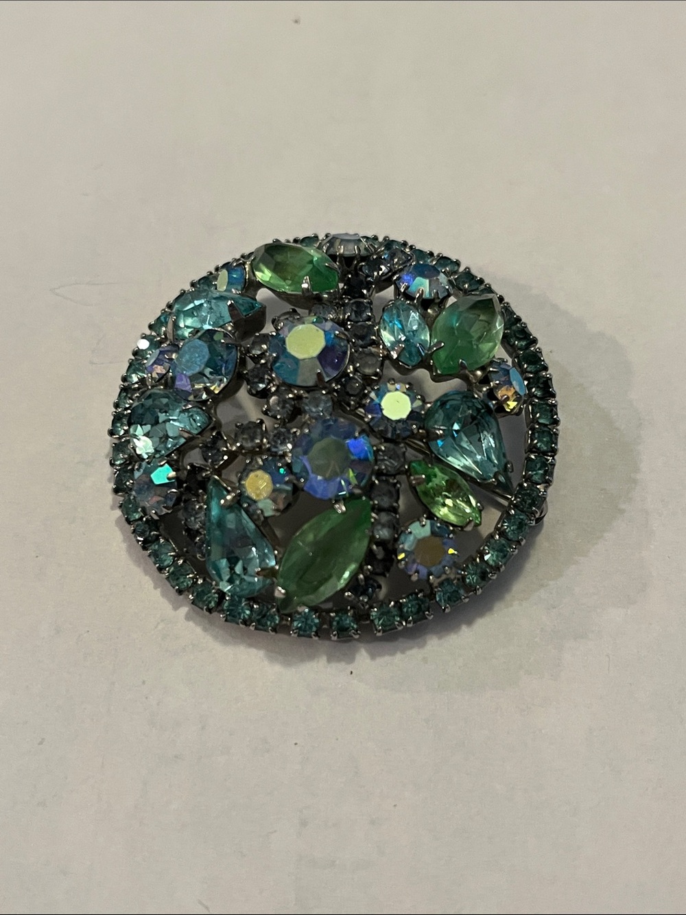 Mid-century Albert Weiss signed Green Teal Crystal Round Brooch